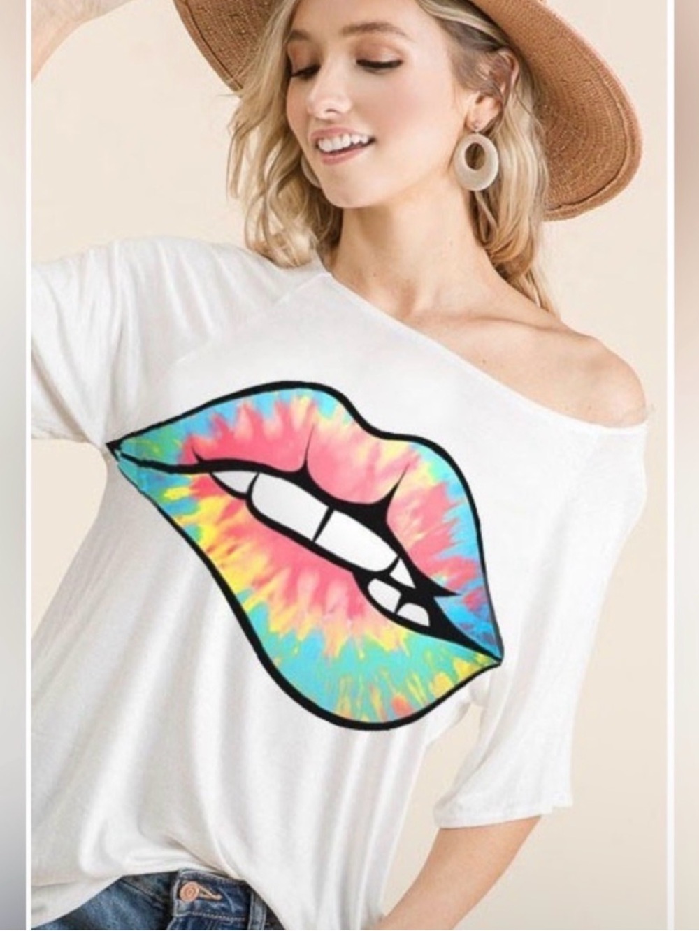 White Off-Shoulder Tee with Tie-Dye Lip Graphic